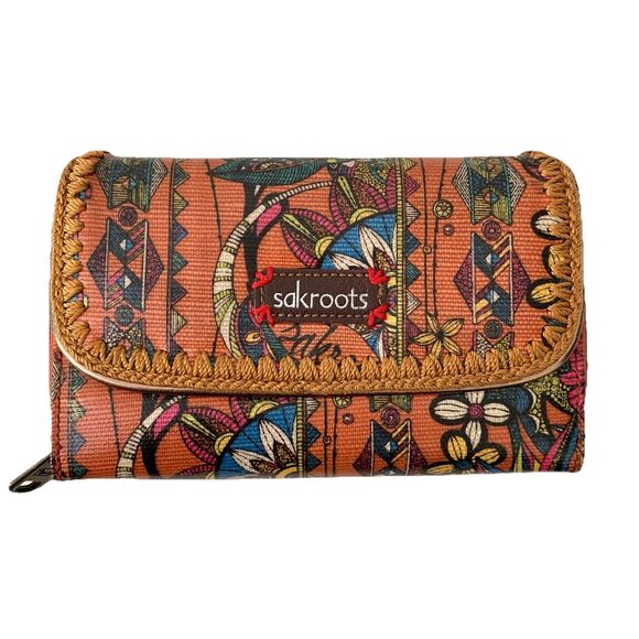 Sakroots Wallet Snap Closure Boho Peace Birds Floral Purple Orange Stitches - Picture 1 of 4